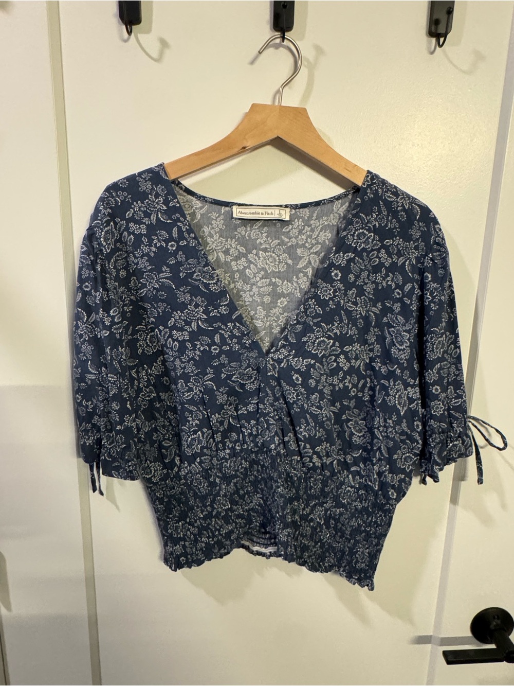 A&F blue and white Floral V-Neck Smocked Waist Top